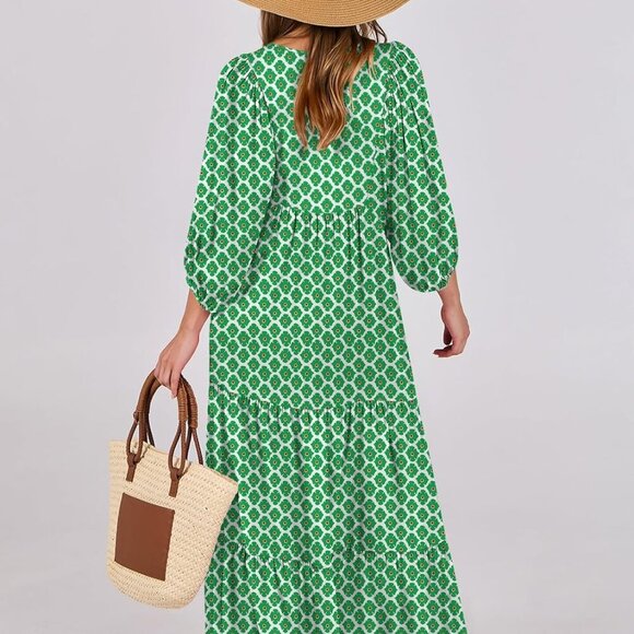 Womens Boho Maxi Dresses 2025 Summer V Neck Puff Sleeve Floral Flowy Swing Casua - Picture 4 of 8